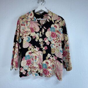 Loco Lindo Womens Floral Print 3/4 Sleeve Button-Up Shirt Blouse Top Large Black